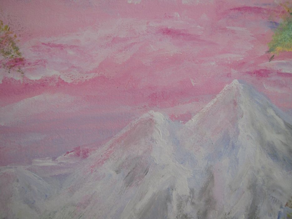obraz, góry, las, zachód słońca, farby akrylowe