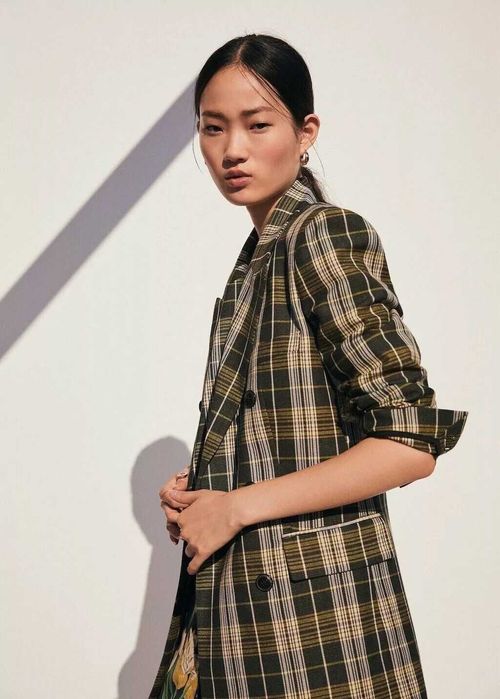 Двобортний блейзер Mango  | Зелено-кремовий тартан | Розмір XS