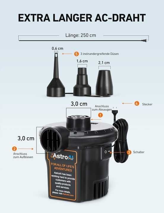 AstroAI Elektryczna pompka do materaca z 3 dyszami 220V 130W [2435]