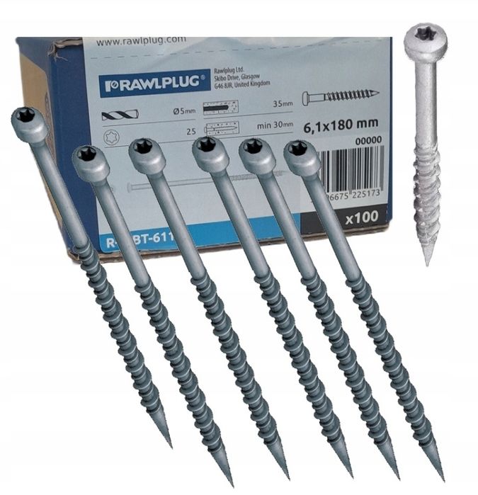 RAWLPLUG Wkręty Dachowe izolacji do betonu drewna 6,1x180mm 100szt TX2