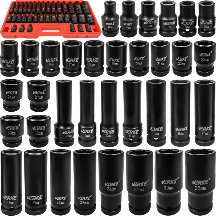 NASADKI UDAROWE 1/2 KRÓTKIE Długie Zestaw Kluczy Nasadowych 8-32