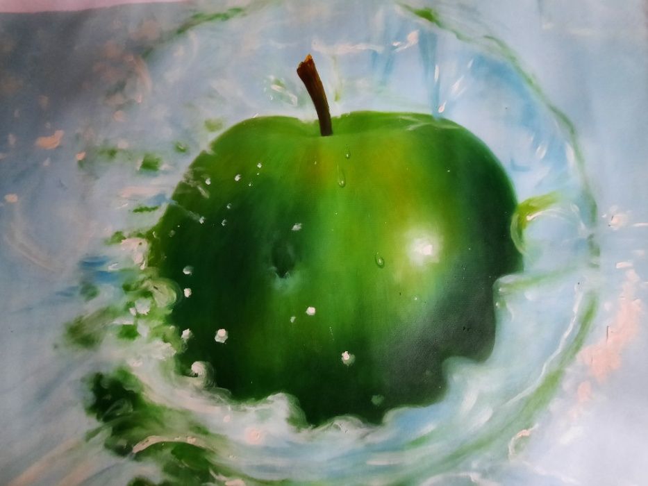 Obraz stary olej płótno jabłko zielone martwa natura