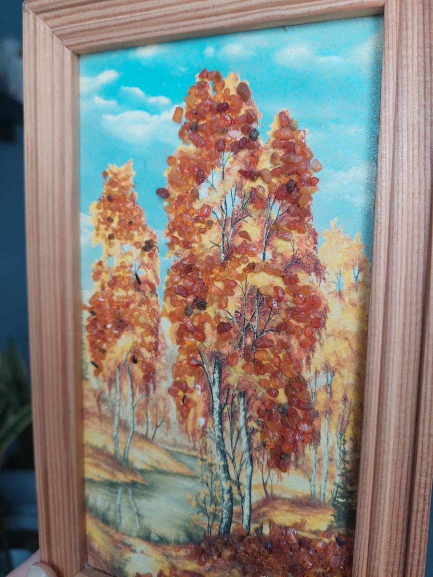 Картина береза и ручей янтарь с янтарем янтарной крошкой панно бурштин