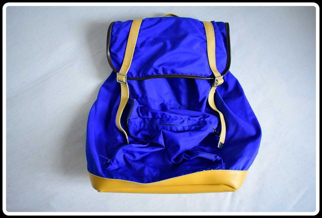 vintage plecak niebiesko musztardowy