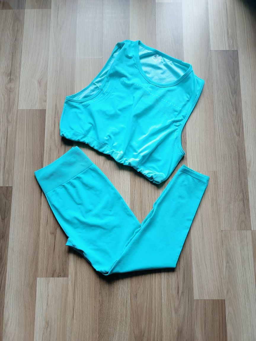 Sportowy komplet nowy L turkusowy legginsy top