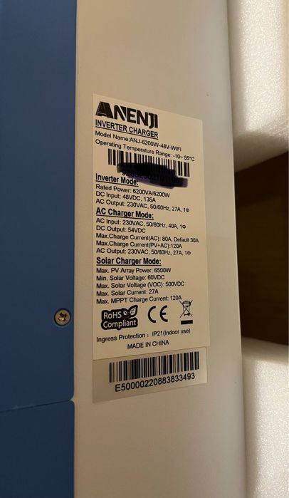 Гібридний інвертор Anenji 6.2 кВт із вбудованим Wi-Fi Нова модель!