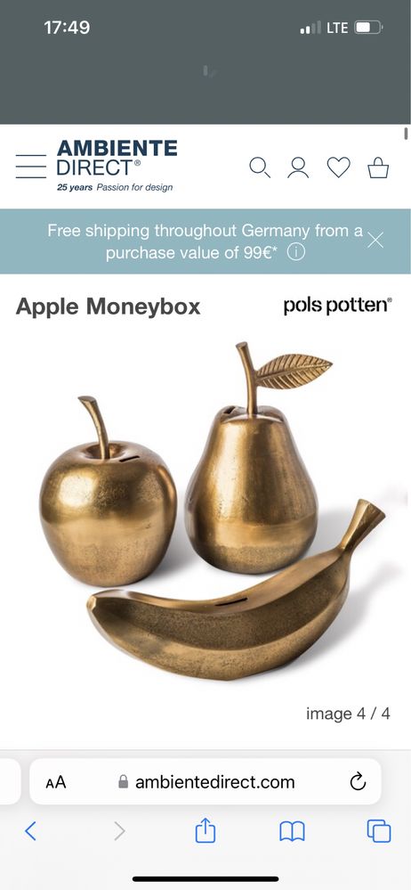 Apple moneybox. Skarbonka jabłko  gruszka banan metal. Pols Potten