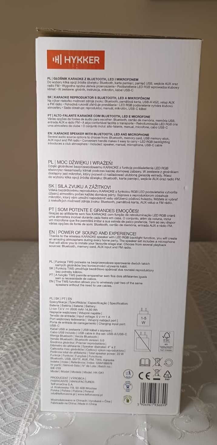 Głośnik karaoke HYKKER z mikrofonem, Bluetooth, LED RGB