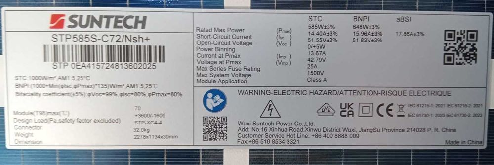 Modulo Fotovoltaico / Painel Solar Fotovoltaico 585W Bifacial SUNTECH