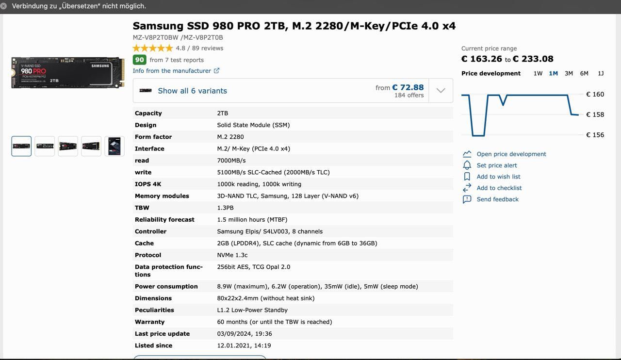 Samsung SSD 980 PRO 2TB, M.2 2280
MZ-V8P2T0BW /MZ-V8P2T0B