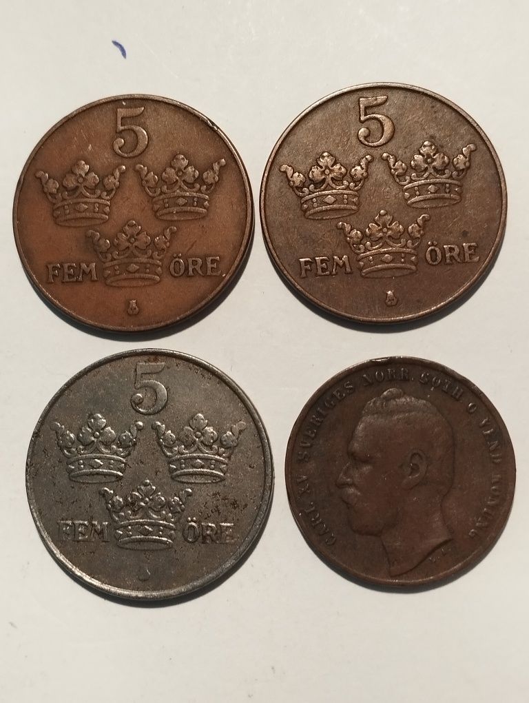 Moedas da Suécia 1932, 1936, 1949, 1864 e 1878
