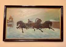 Obraz olejny „Trzy konie w bryczce” 88×52 cm [zimowy pejzaż)
