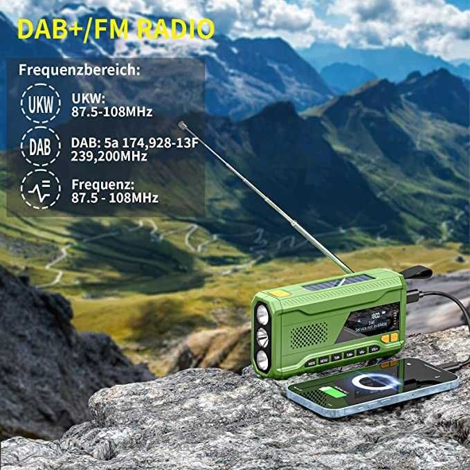 Radio Przenośne Solarne Dynamo BT/DAB+/FM/AM Radioodbiornik SOS USB-C!