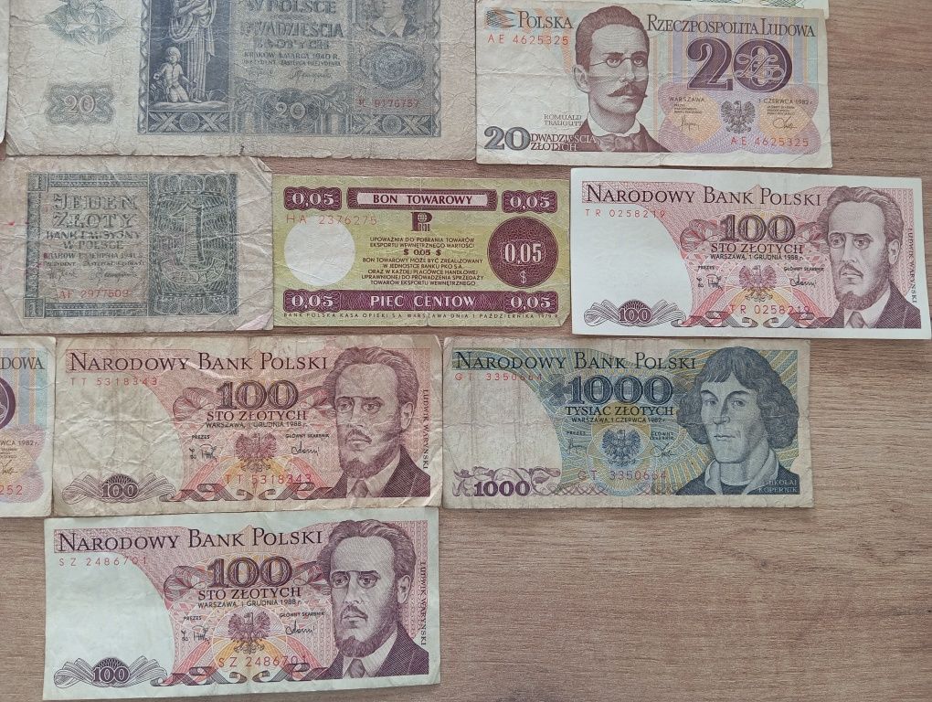 Banknoty PRL + Banknoty II RP+ Bon Towarowy Zestaw 14 sztuk 1zł 1941