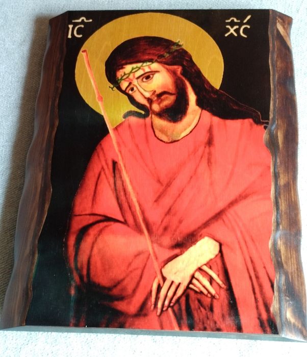 Ikona Jezusa Chrystusa – Ecce Homo, ręcznie zdobiona na drewnie