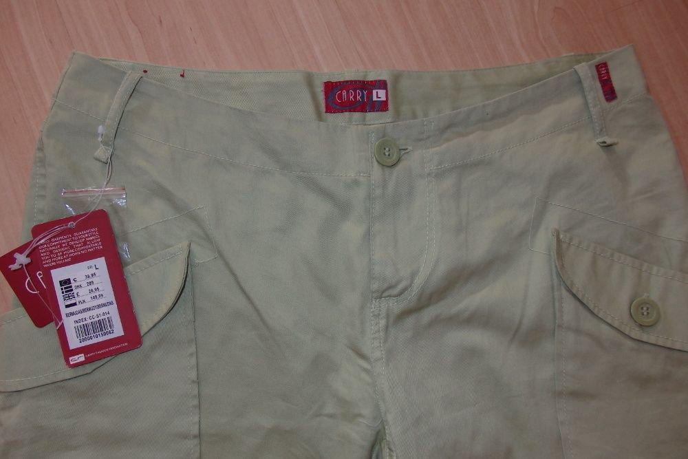 NOWE z metkami CARRY pistacjowe bermudy rybaczki M/L spodnie 3/4