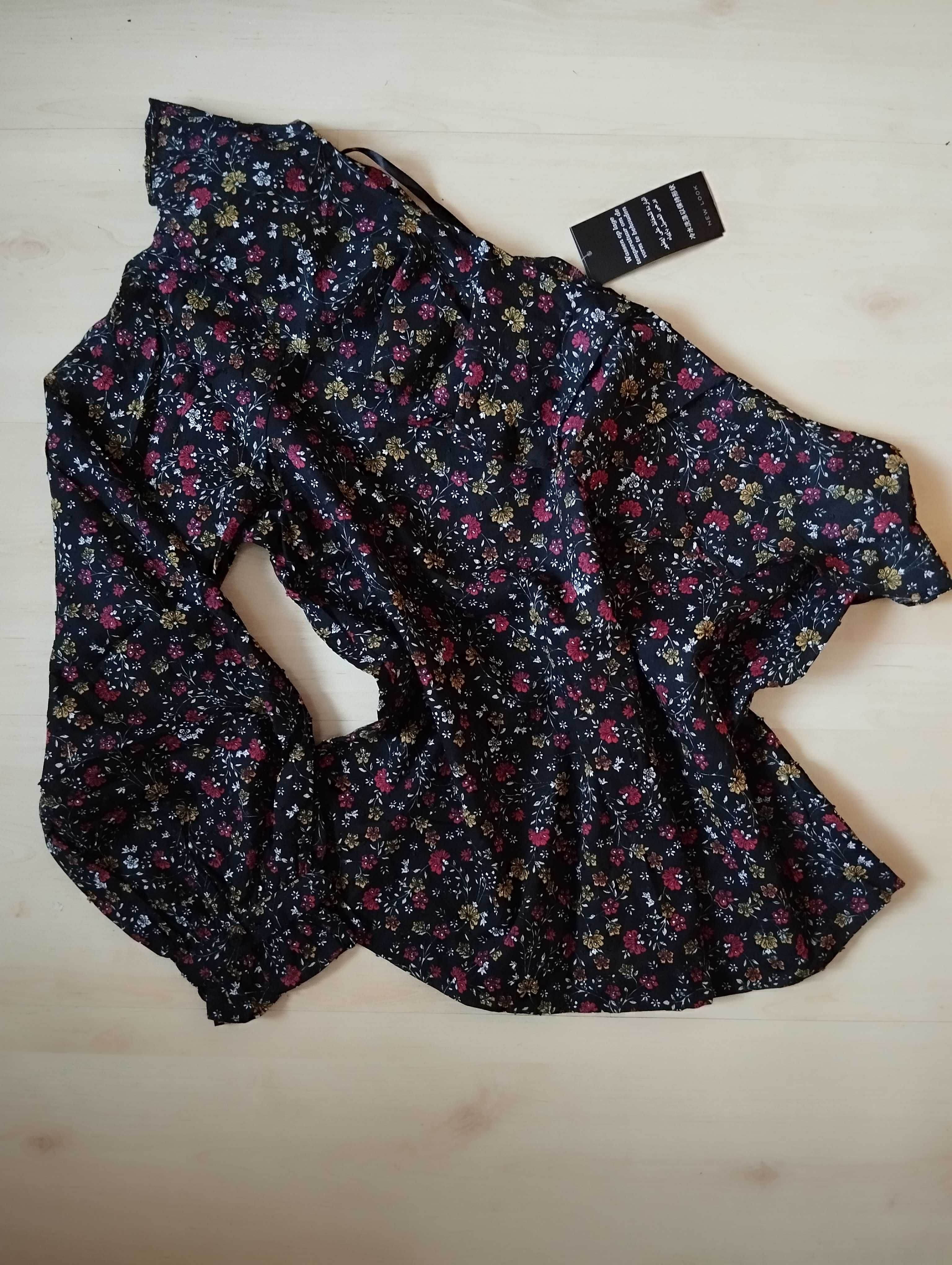 czarna hiszpanka na jedno ramię xxl kwiatki łączkę drobny floral print