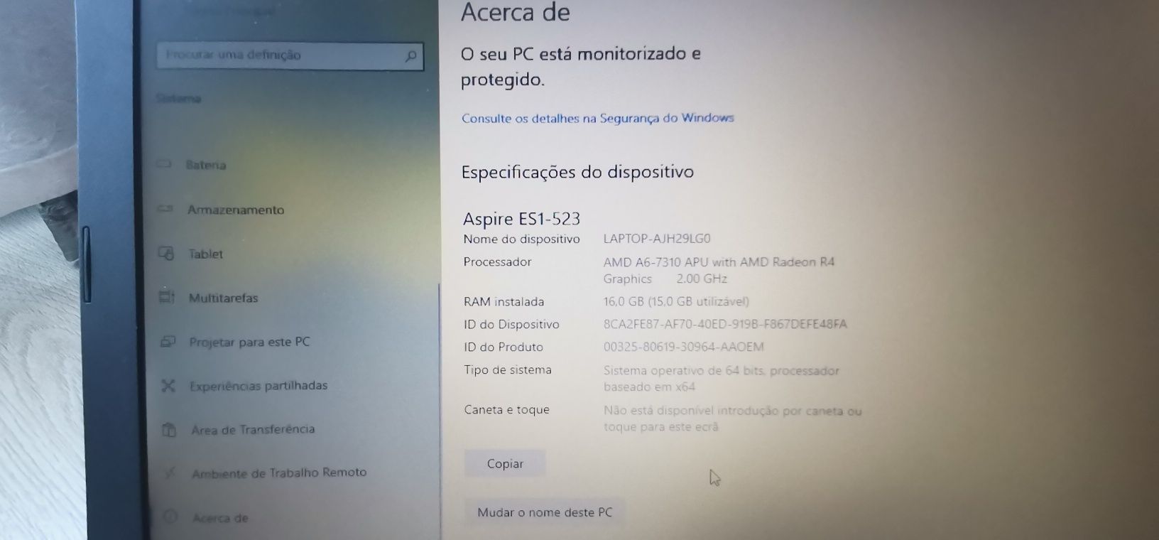 Portátil acer aspire ES 15 com 16gb de RAM e 256gb de ssd