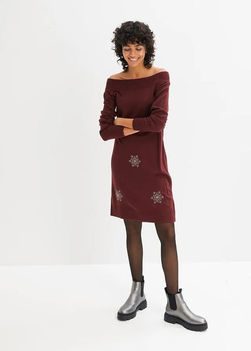 B.P.C bordowa sukienka dzianinowa carmen ze sztrasami 40/42.