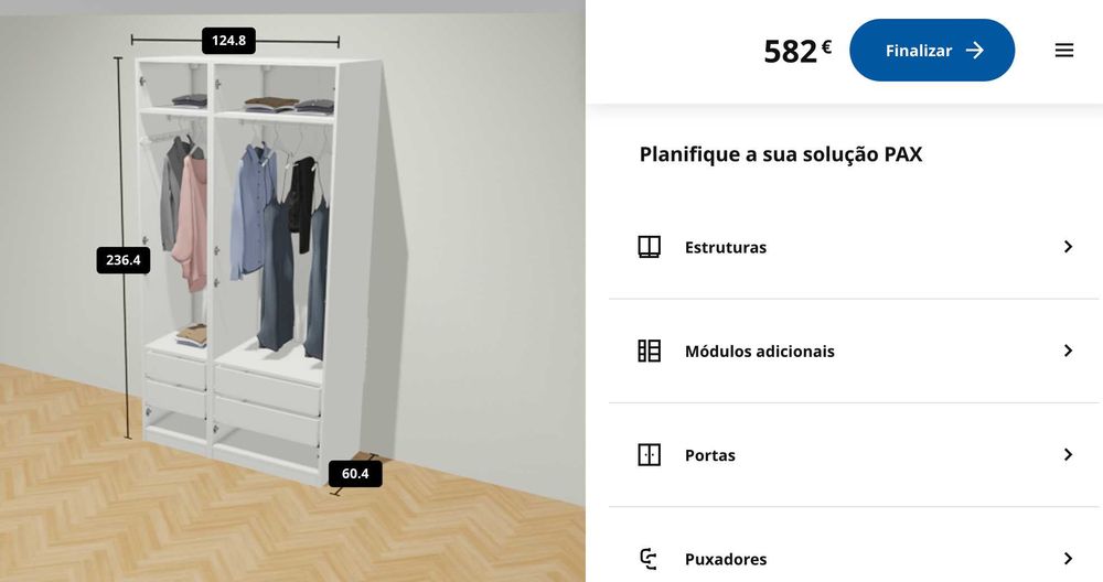 Roupeiro armário modular PAX branco com porta espelho 125cm largura