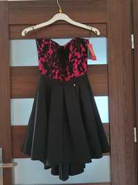 Śliczna gorsetowa sukienka różowo czarna rozkloszowana XS/S