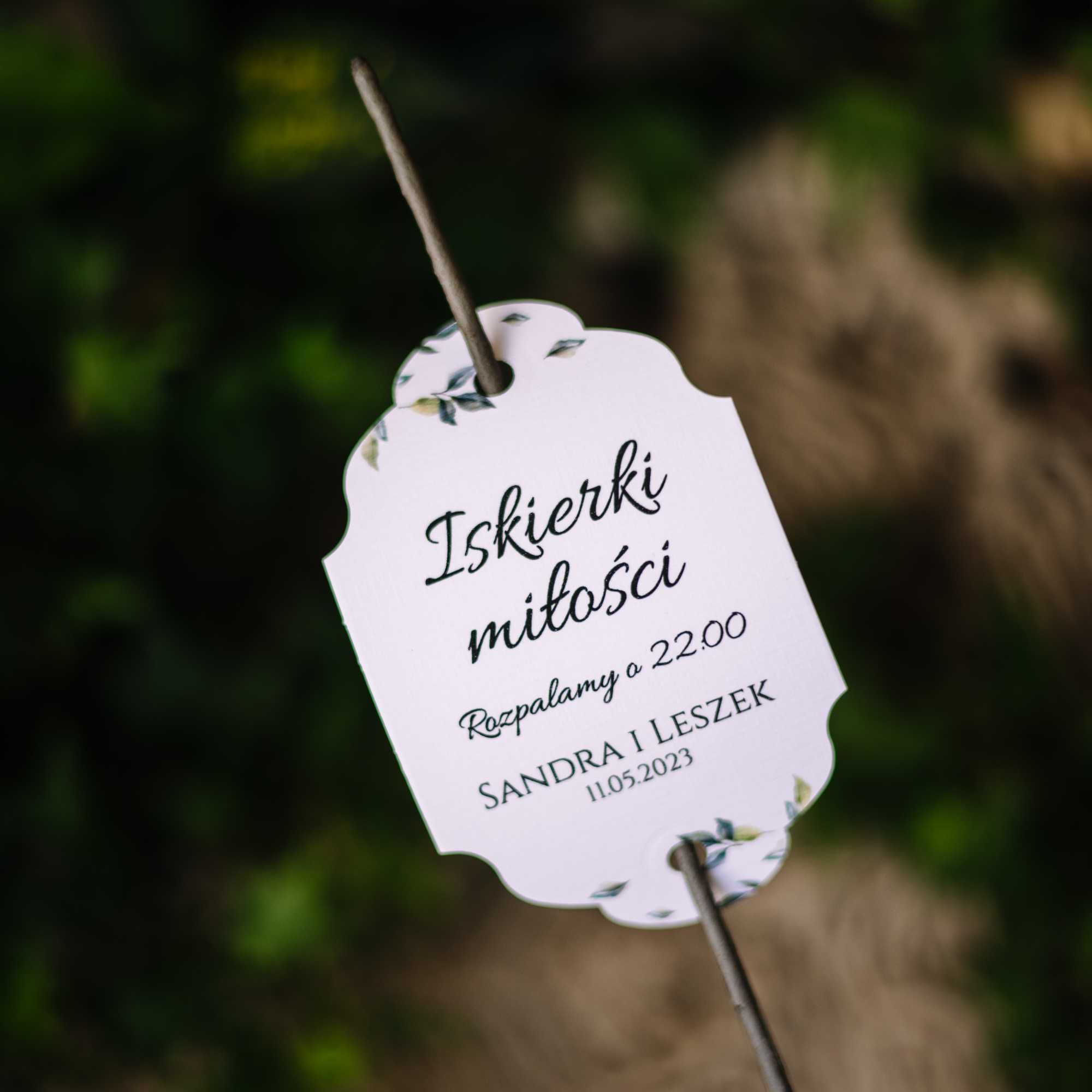 etykiety na zimne ognie - iskierki miłości na wesele - listki