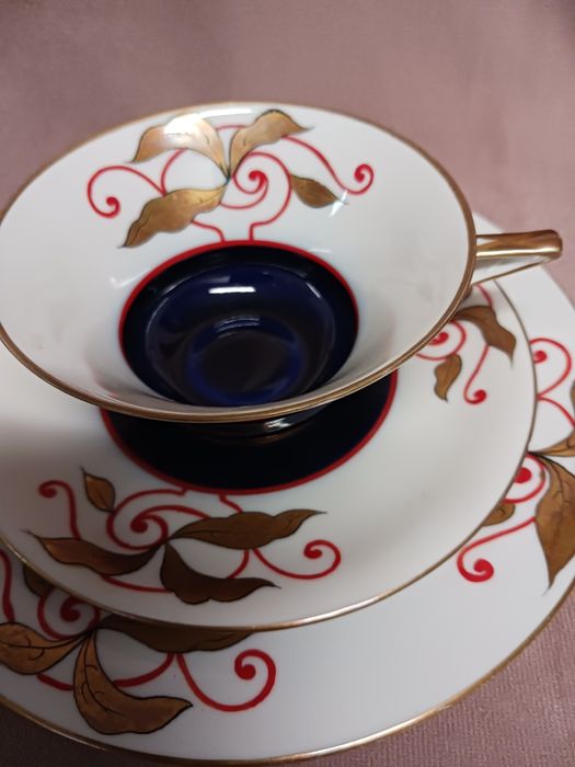 Art deco trio sniadaniowe porcelana recznie malowana filizanka