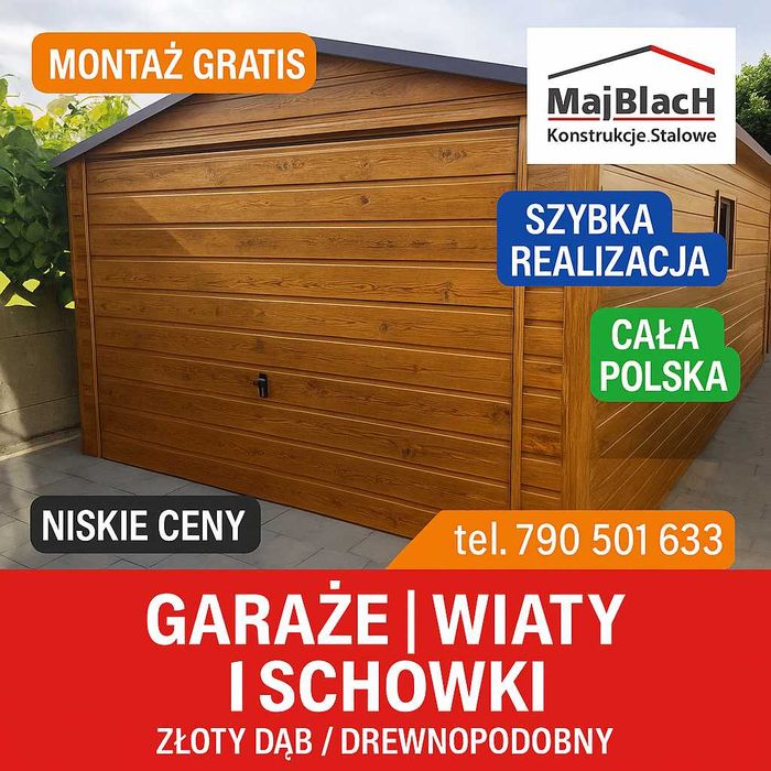 Ładny Garaż Blaszany Drewnopodobny -Montaż w Cenie -Garaże – Maj-Blach