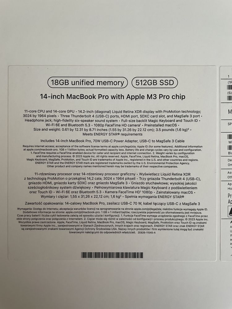Oryginalne pudełko box MacBook Pro 14 inch/M3/18GB/512GB