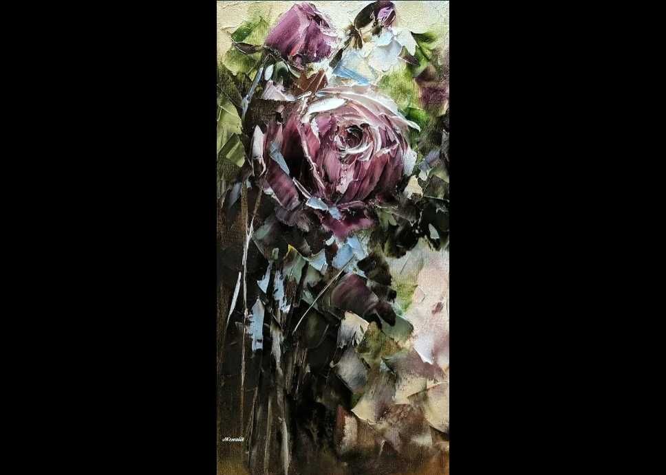 Kowalik - Róża /15/ - 20x40cm Obraz Olejny Róże Kwiaty