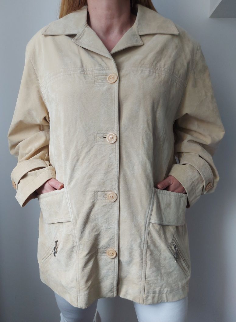 Wiosenny, kremowy płaszcz,  kurtka z ekologicznego zamszu