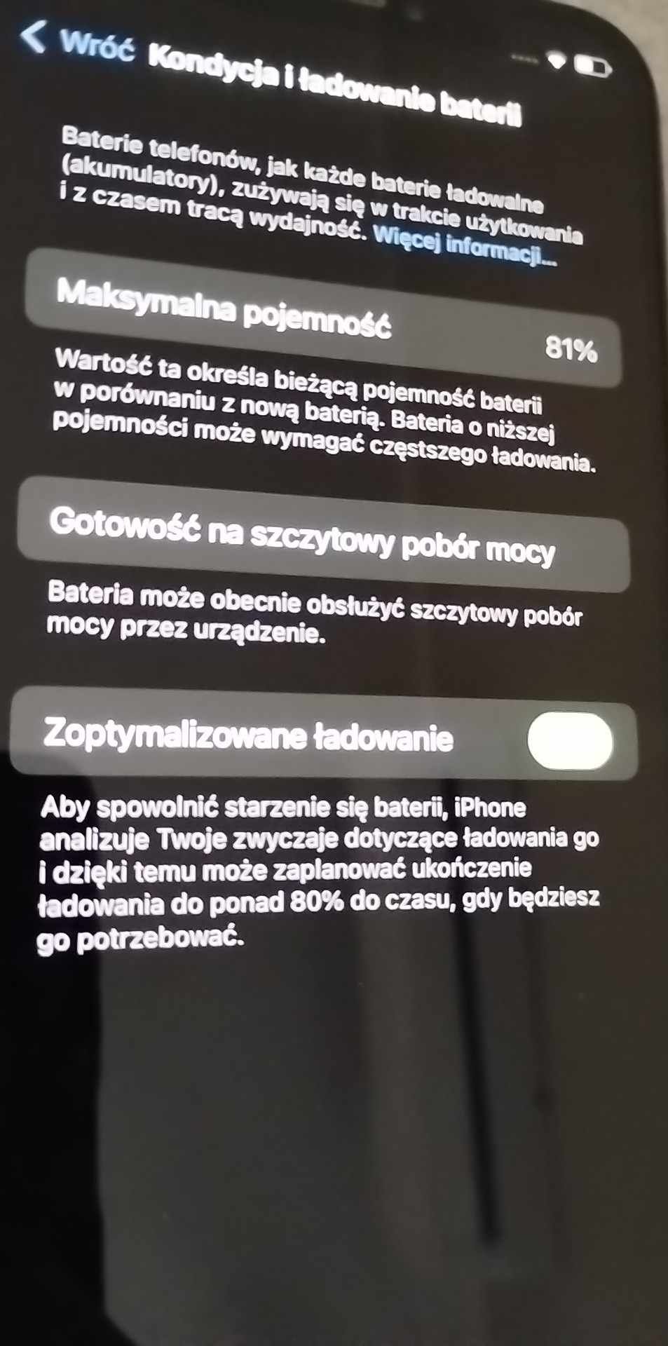 Iphone XS kondycja baterii 81%