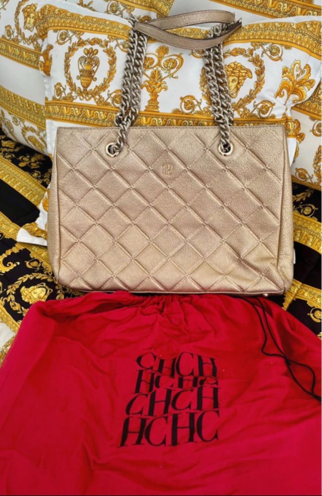 Carolina Herrera Handbag Mala Bolsa de Pele Dourada