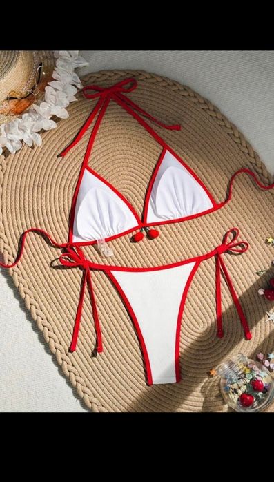 Shein śliczny strój kąpielowy bikini dwuczęściowy biało czerwony L