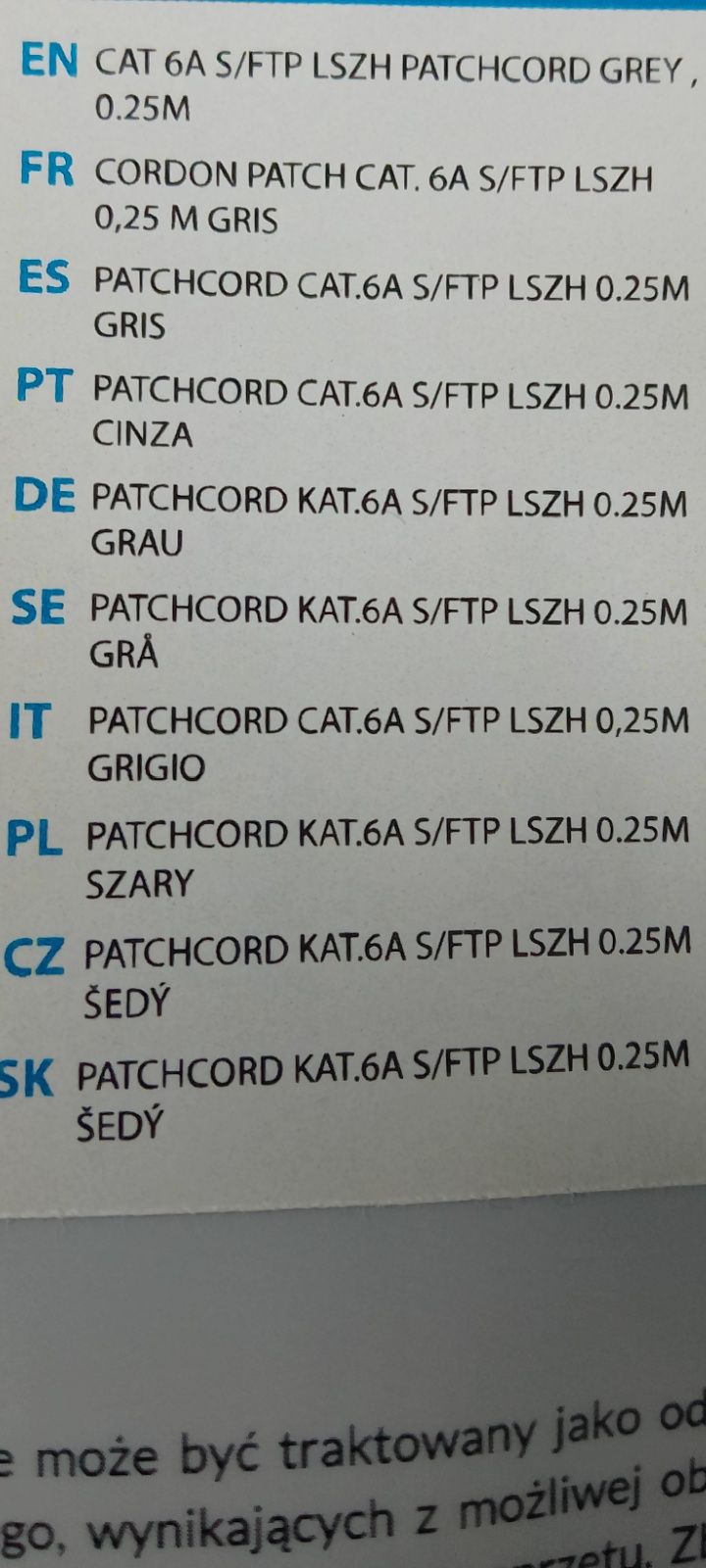 PATCHCORD kat.6A S/Ftp Lszh 0,25M