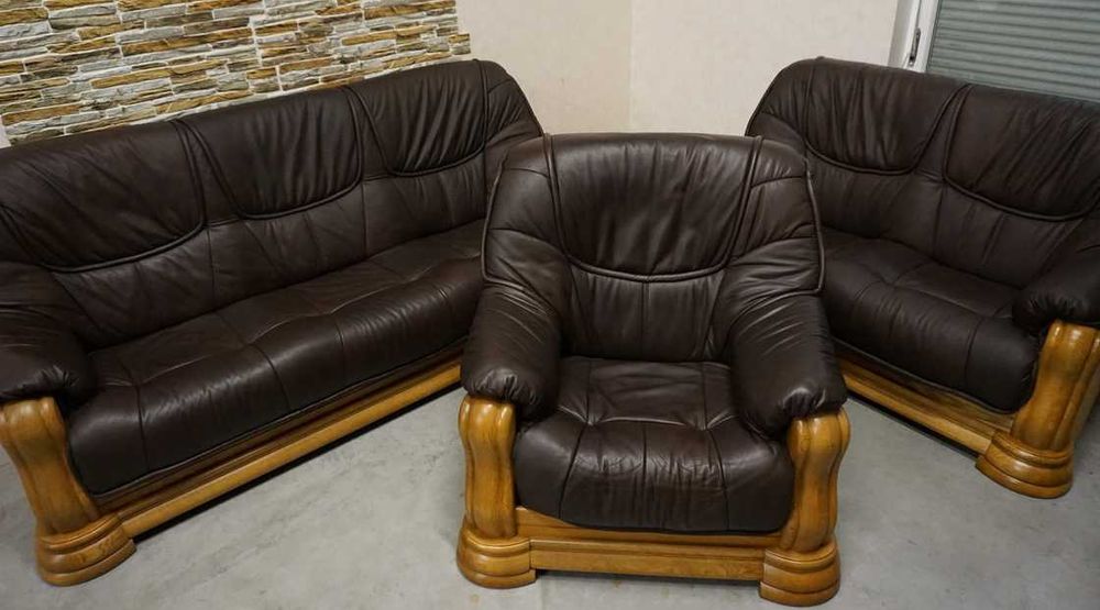 Zestaw na Stelażu Dębowym Skóra Brązowa Naturalna 3+2+1 (w-1118)