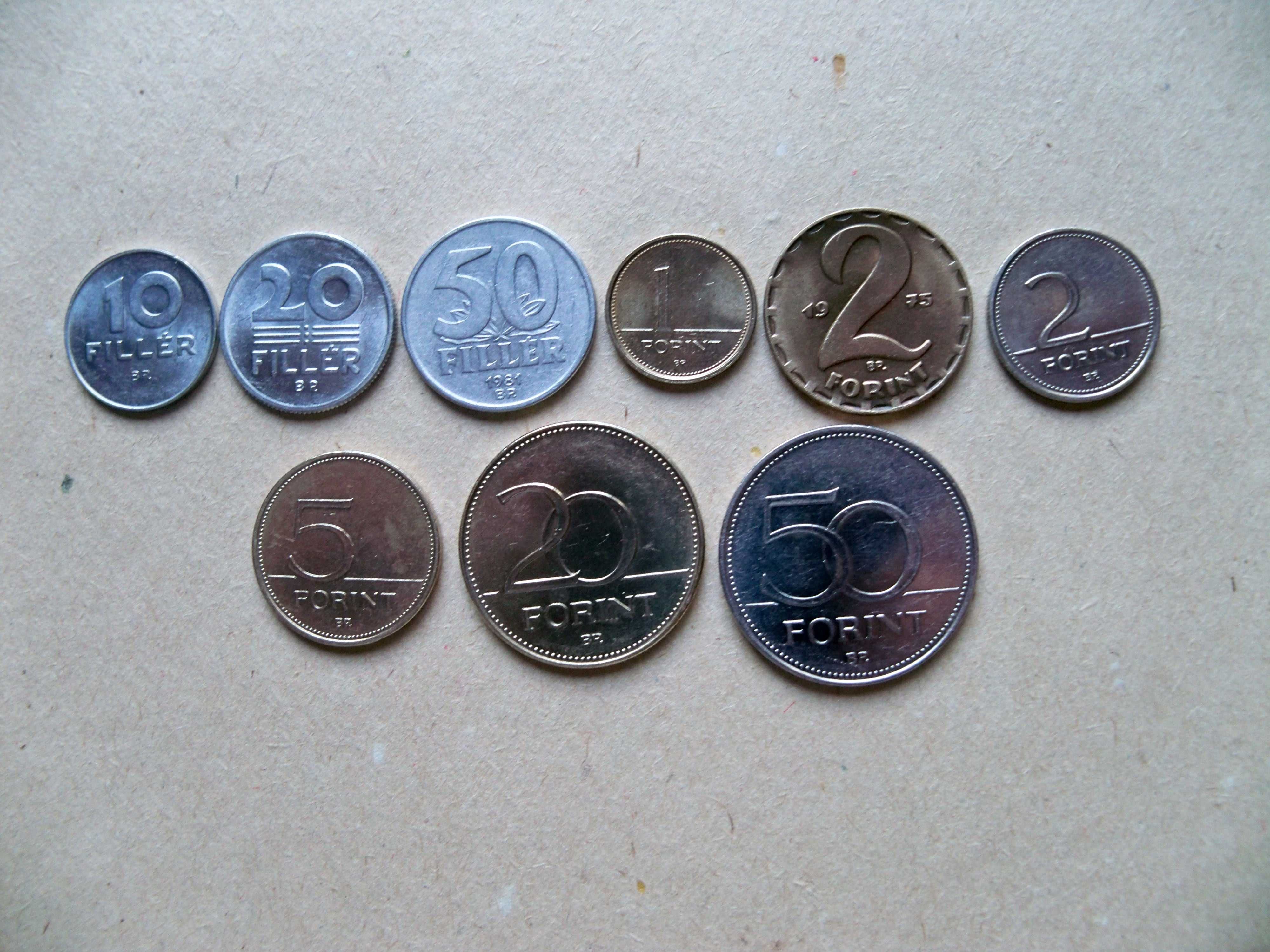 Монеты Венгрии 10 20 50 филлеров 1, 2, 2, 5, 20, 50 форинтов.