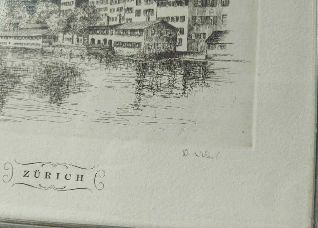 Stara grafika w ramie akwaforta Zurych Zurich