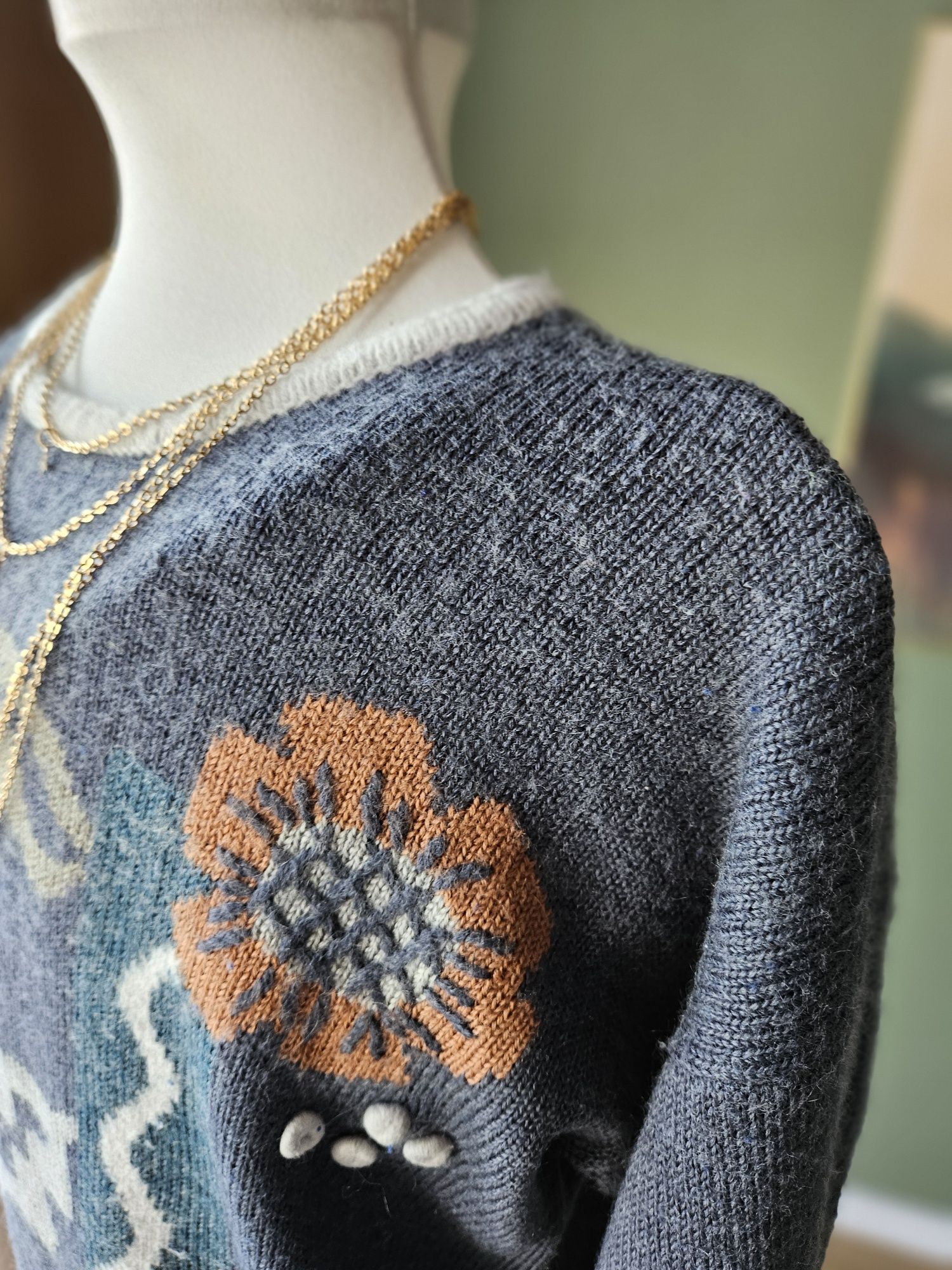 Jesienny welniany Damski niebiesko szary sweter Vintage z wełną i ango