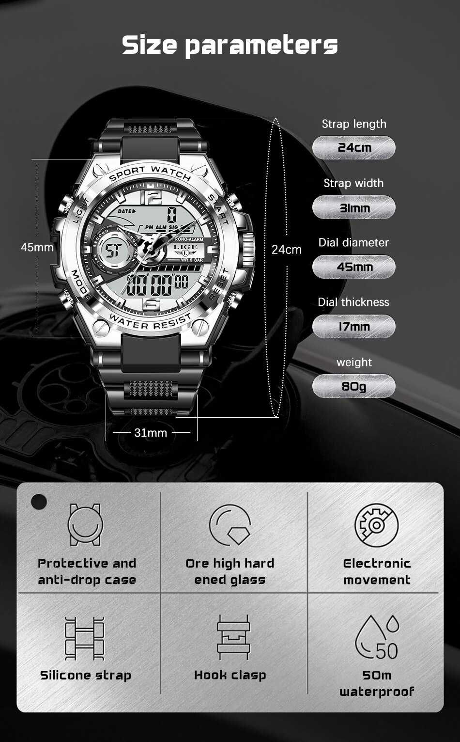 Sportowy zegarek militarny Lige wojskowy analogowo-cyfrowy WR50 box