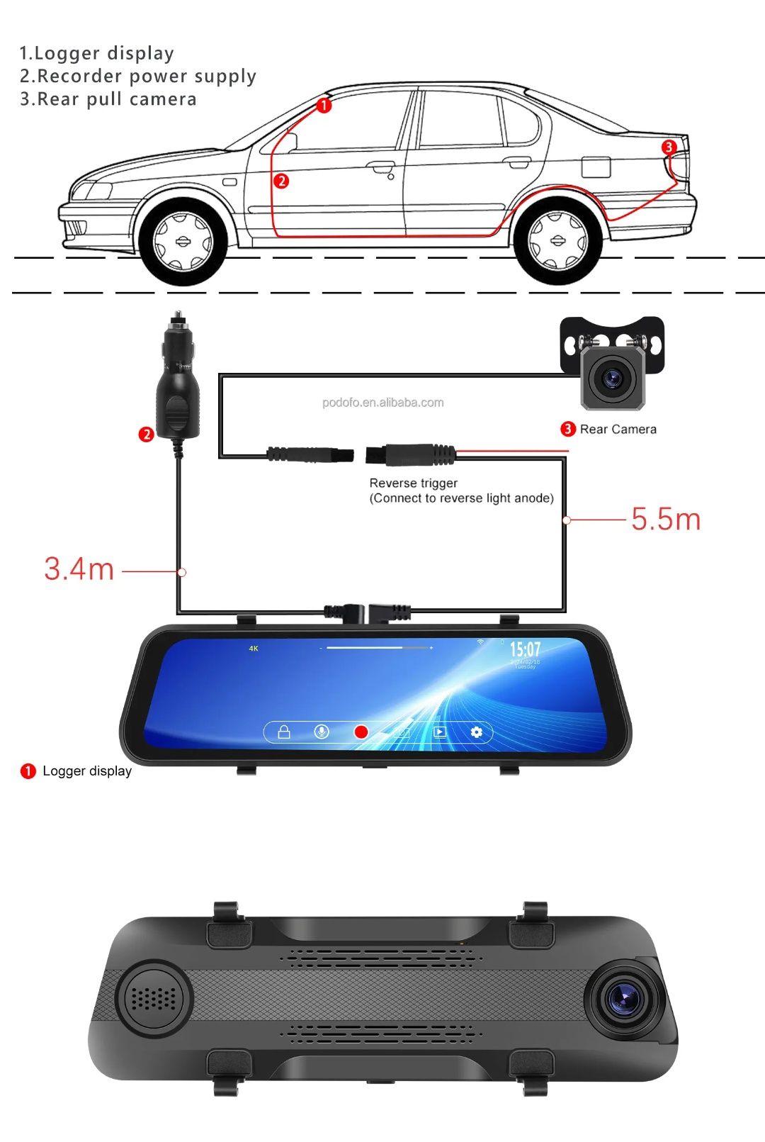Espelho retrovisor 9,66 polegadas DashCam com 2 Câmaras 4K HD DVR NOVO