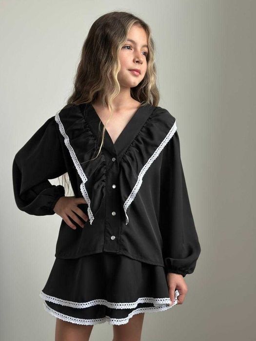 Спідниця - шорти блузка з мережевом для дівчинки підлітка в школу