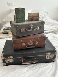 Conjunto 3 malas antigas e 2 caixas metalicas antiguidades