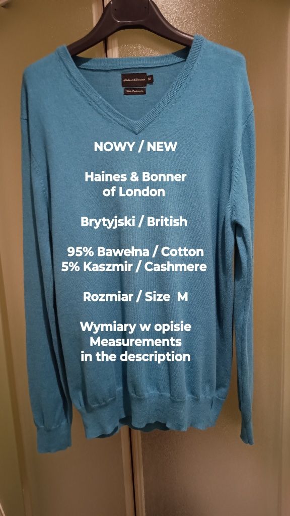 Haines & Bonner  NOWY  Brytyjski elegancki sweter z kaszmirem, Roz. M