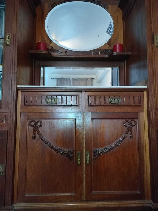 Conjunto 2 móveis madeira séc. XIX - espelhos e mármore incorporados