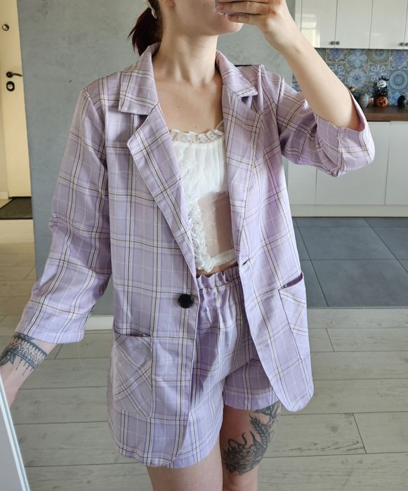 Komplet na lato garniturowy S 36 shein kratka w kratkę kraciasty