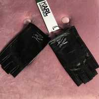 Rękawiczki/mitenki Karl Lagerfeld, czarna skóra,, srebrne logo, M