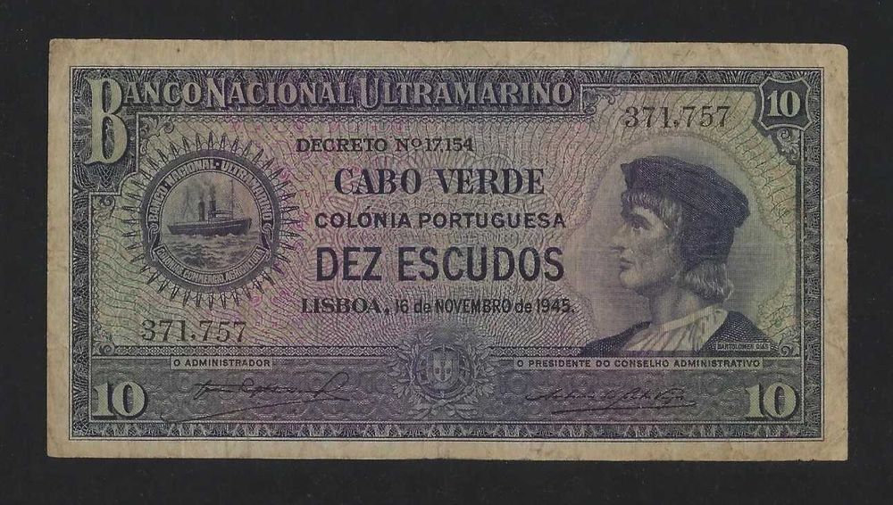 nota cabo VERDE 10 escudos 1945 P-42 F++