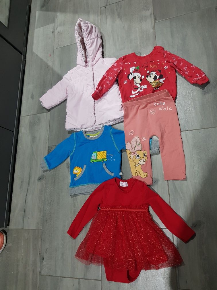 Zestaw 5 ubrań Rozmiar 86. Kurtka 86. Disney Baby. So Cute.  Legginsy