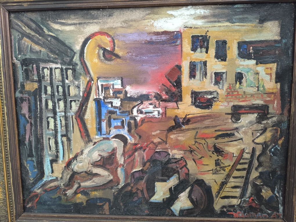 Piękny stary oryginalny obraz olejny 1947 r Waldman Mosze " Getto"
